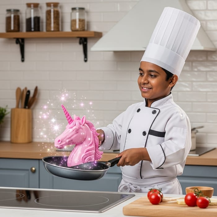 Cute Chef Cooks Pink Unicorn Head - Enchanting Kitchen Delight! Cute Chef Cooks Pink Unicorn Head - Enchanting Kitchen Delight!