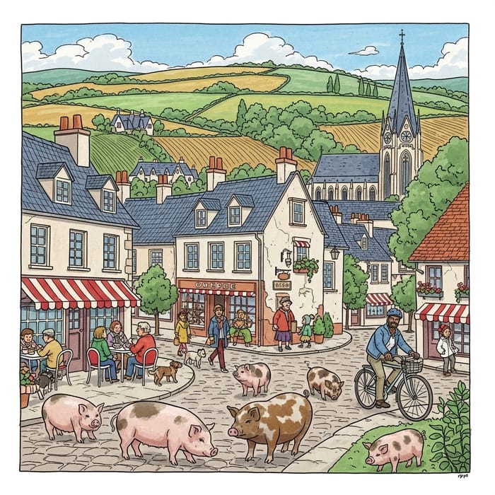 City in the Countryside with Miniature Pigs and People