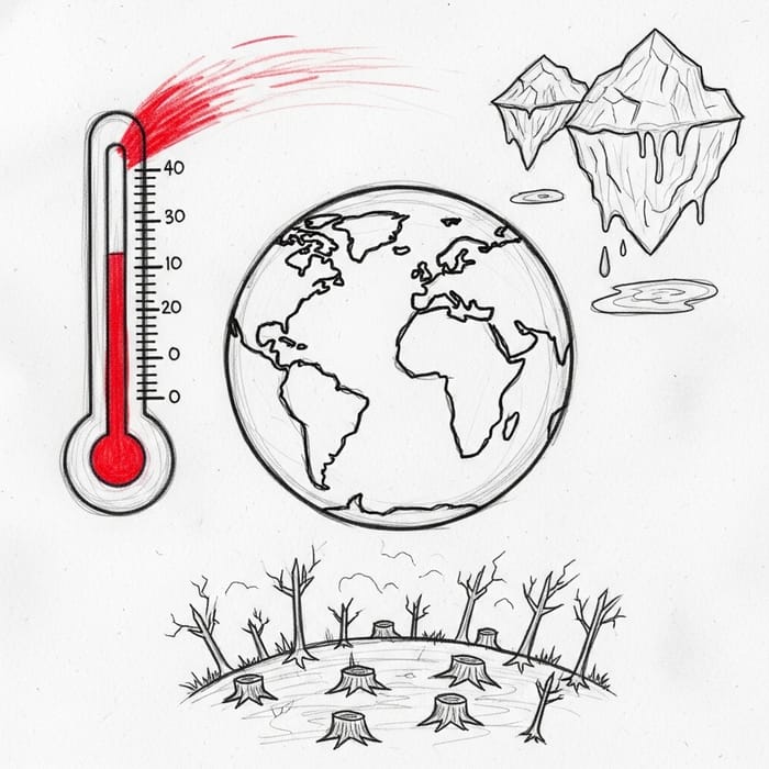 Climate Change Sketch: Earth, Rising Temperatures, Deforestation