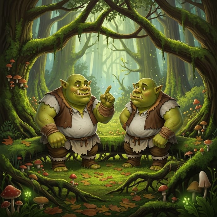 Ogres Talking in Mossy Forest - Shrek Style Illustration Ogres Talking in Mossy Forest - Shrek Style Illustration