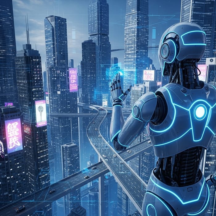 Futuristic Robot AI Explores Cybernetic City