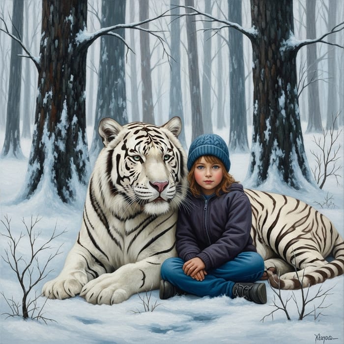 Magical Encounter: Child and White Tiger Bonding in Snowy Forest Magical Encounter: Child and White Tiger Bonding in Snowy Forest