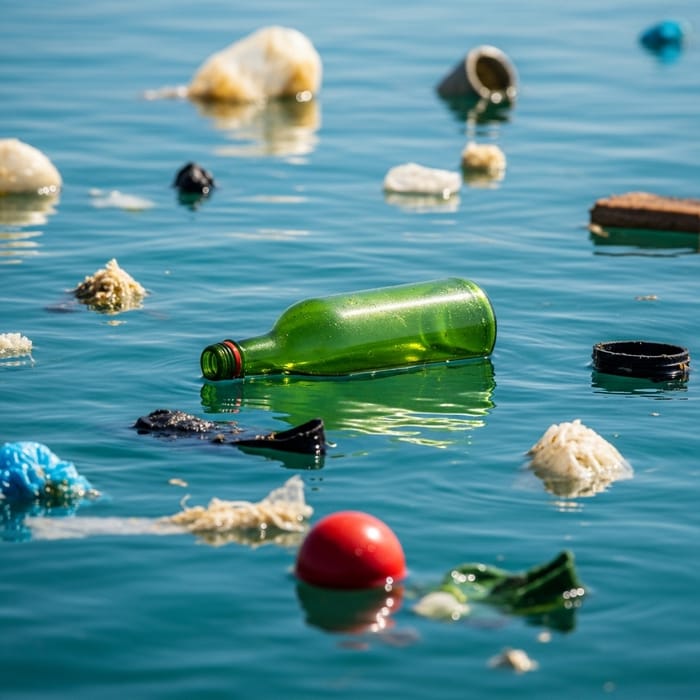 Bottle in Ocean Among Trash Pollution Bottle in Ocean Among Trash Pollution
