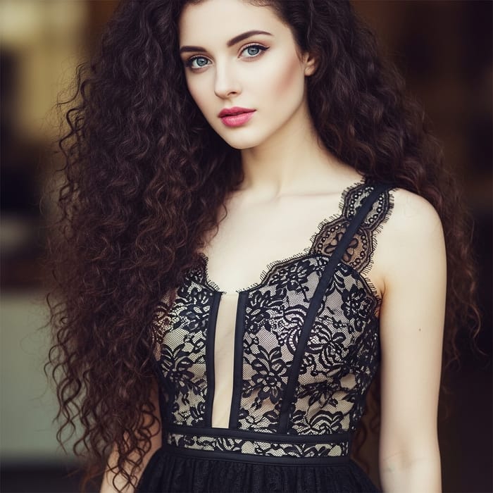 Striking Young Brunette with Long Curls and Dark Blue Eyes