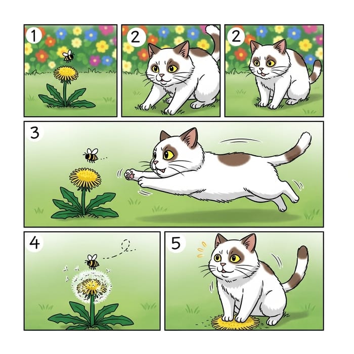 Adorable Bobtail Cat Watching Bee in Outdoor Scene