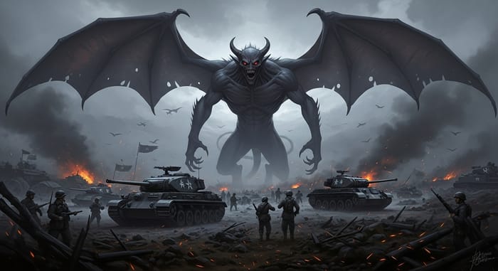 WW2 Demon: A Terrifying Spectral Creature Over Battlefield WW2 Demon: A Terrifying Spectral Creature Over Battlefield