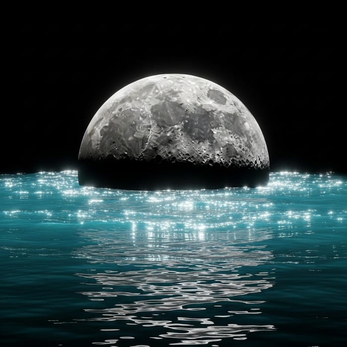 Silvery-Grey Moon Surrounded by Turquoise Water