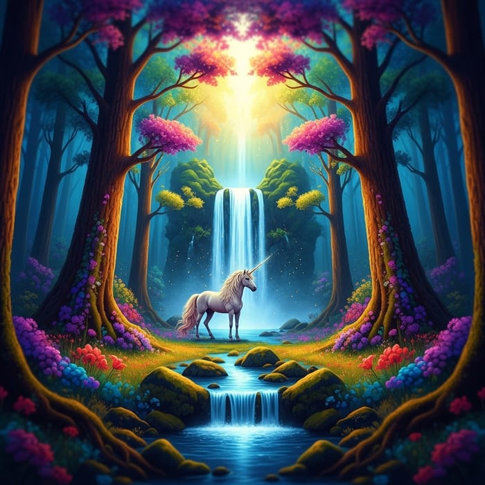 Mystical Forest Unicorn Standing Near Waterfall
