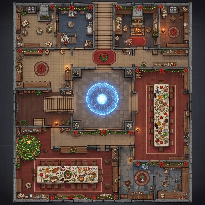 Medieval Mansion D&D Map: Magical Sphere, Festive Holiday Decor