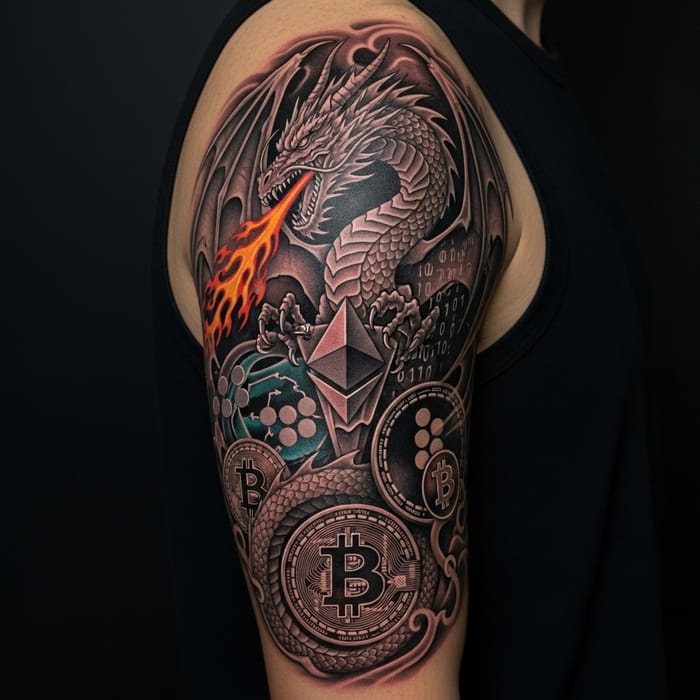 Intricate Dragon & Crypto Deltoid Tattoo Design