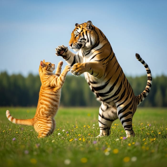 Cat Fighting Tiger in Serene Meadow Scene