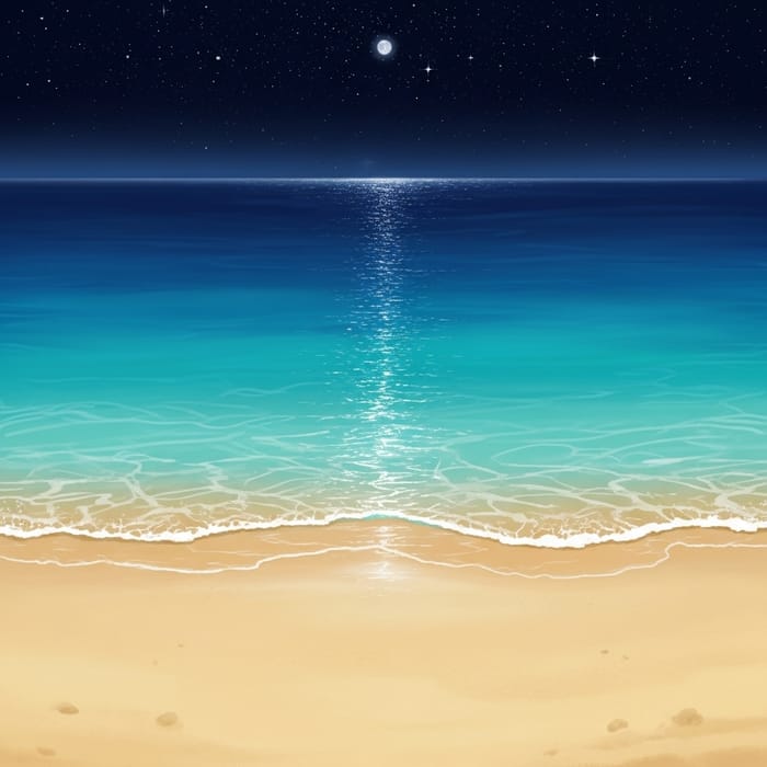 Tranquil Night Seascape with Moonlit Waters | Beach and Starry Sky