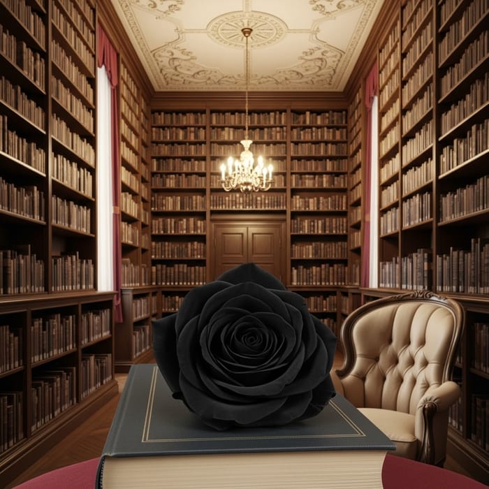 Black Rose on a Dead Man in a Library – Mysterious Beauty