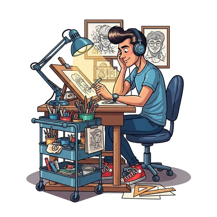 Caucasian Cartoonist at Drawing Table | 1950s Style Creativity