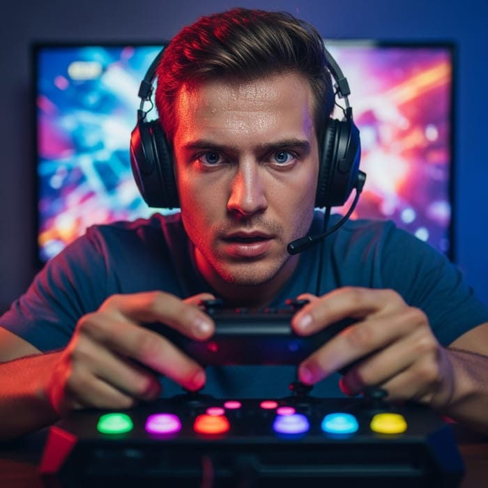 Intense Gamer Exudes Concentration | Professional Gaming Setup