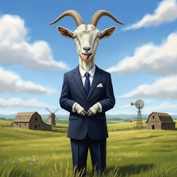 Funny Goat in Business Suit | Rustic Landscape Background Funny Goat in Business Suit | Rustic Landscape Background