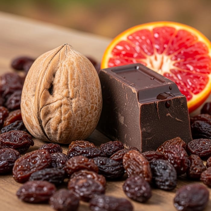 Forest Nut, Chocolate, Red Orange, Raisins