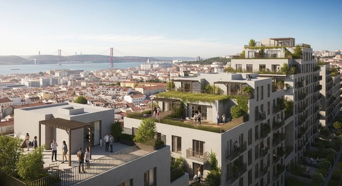 Elevated Urban Rooftop Scene Over Lisbon Cityscape