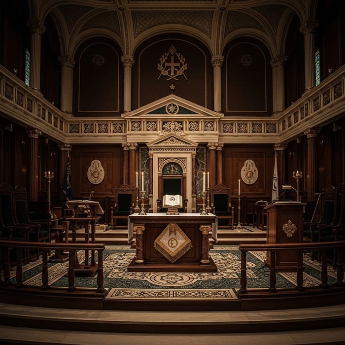 Majestic Masonic Lodge Interior with Intricately Designed Altar and Symbolic Elements Majestic Masonic Lodge Interior with Intricately Designed Altar and Symbolic Elements