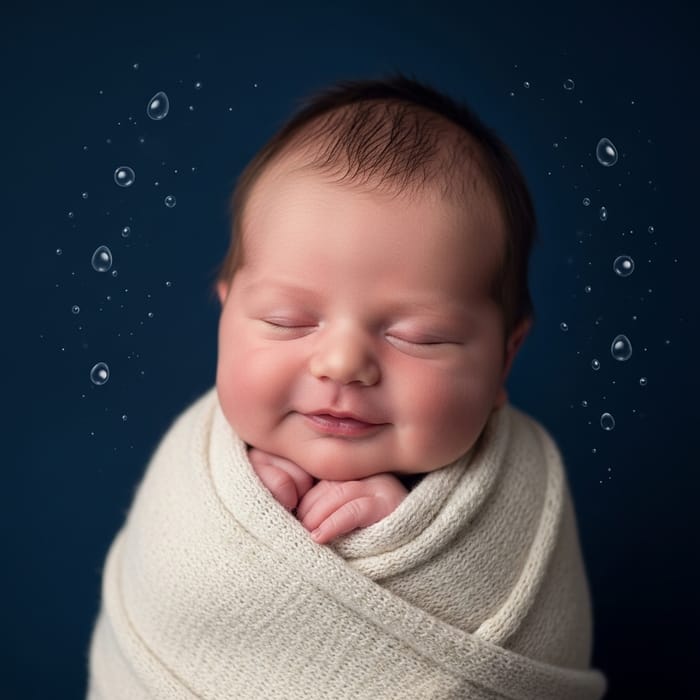 Newborn Baby Swaddled in Warm Blankets on Dark Blue Background