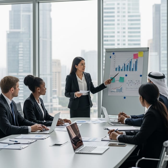 Diverse Professional Staff Briefing with City Skyline View Diverse Professional Staff Briefing with City Skyline View