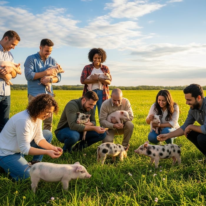 People Interacting with Piglets in Sunlit Field