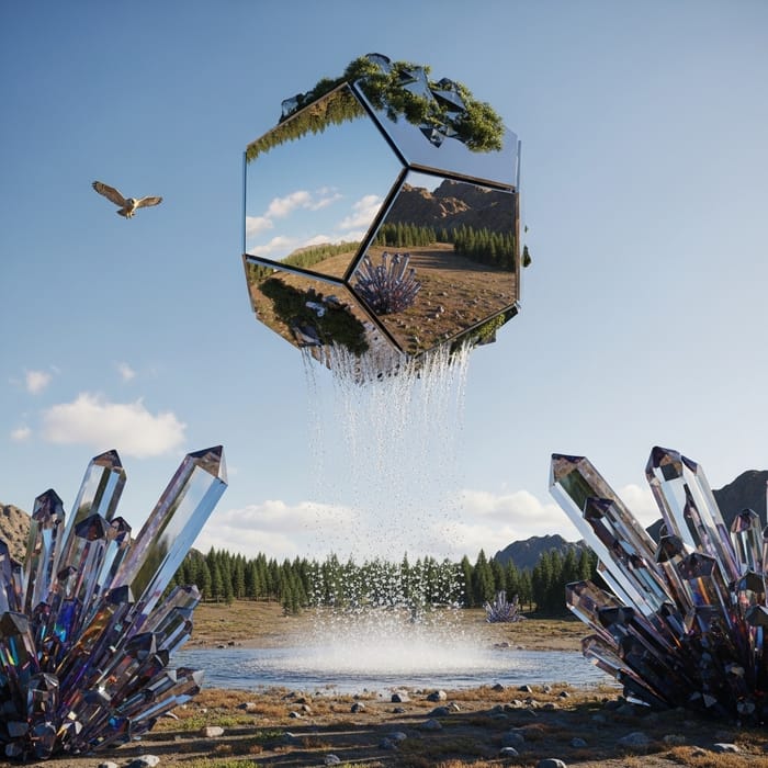Floating Metallic Geometrical Structure Reflecting Natural Landscape and Crystal Waterfall