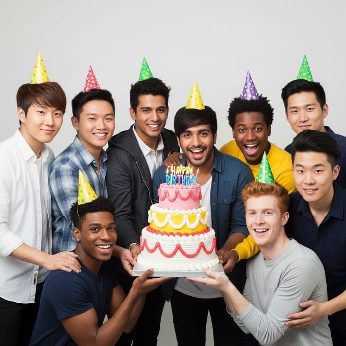 Diverse Group of Eight Men Celebrating with Birthday Cake Diverse Group of Eight Men Celebrating with Birthday Cake