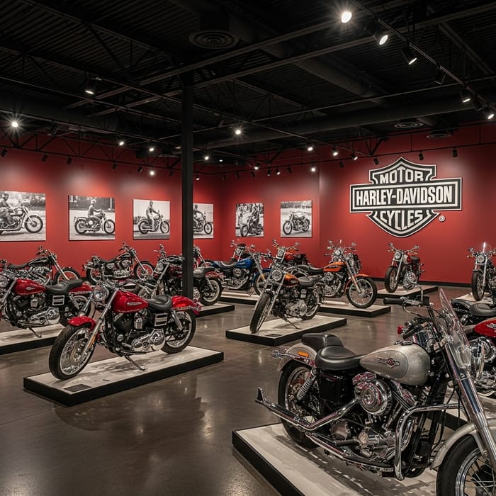 Burgundy & Black Harley Davidson Motorcycle Museum Interior Burgundy & Black Harley Davidson Motorcycle Museum Interior