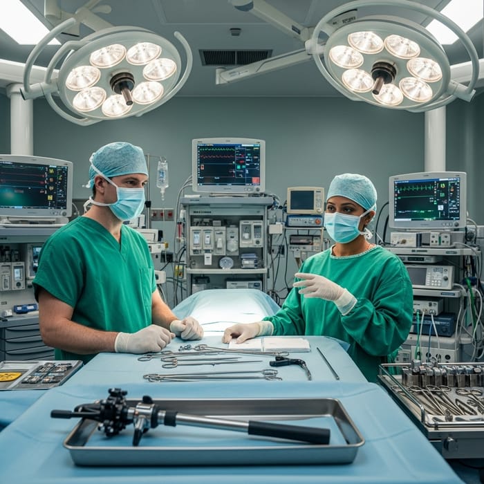 Surgery Scene with Cystoscope and Two Surgeons Surgery Scene with Cystoscope and Two Surgeons
