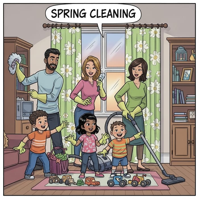 Spring Cleaning Comic Strip: Family's Cozy Spring Cleanup