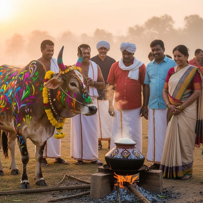 Colorful Pongal Cow in Traditional Festive Attire Colorful Pongal Cow in Traditional Festive Attire