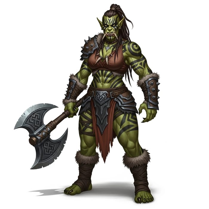 Muscular Half-Orc Woman with Green Skin Wielding Double Axe