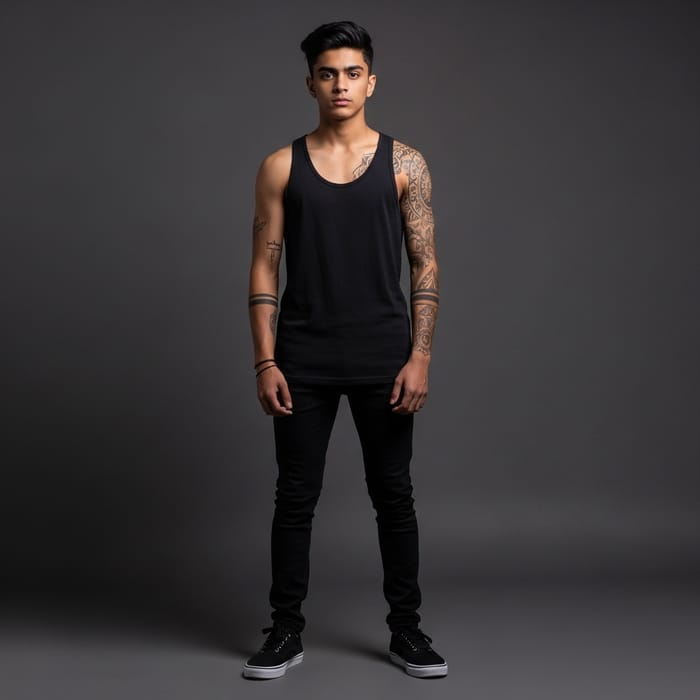 Dark Haired Anime Boy with Muscular Build, Scars, Tattoos in Monochrome Background Dark Haired Anime Boy with Muscular Build, Scars, Tattoos in Monochrome Background
