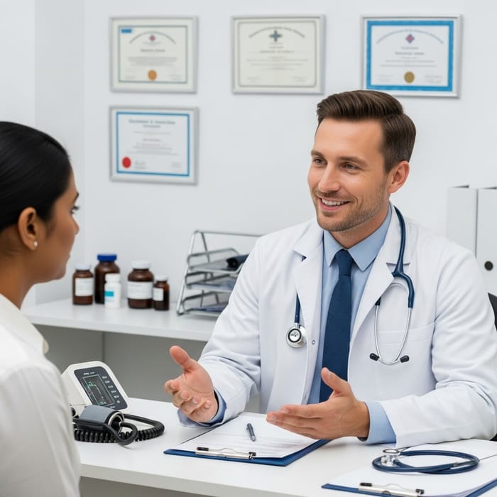 Caring Doctor Offering Clear Medical Advice to Patient in Office
