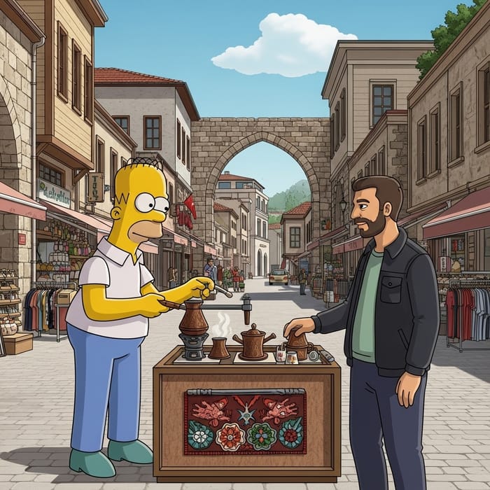 Homer Simpson Making Turkish Coffee in Tarsus | Friendly Interaction with Local Homer Simpson Making Turkish Coffee in Tarsus | Friendly Interaction with Local
