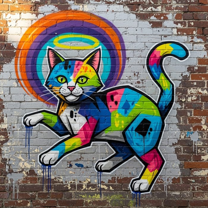 Colorful Street Art Graffiti Cat Painting Colorful Street Art Graffiti Cat Painting