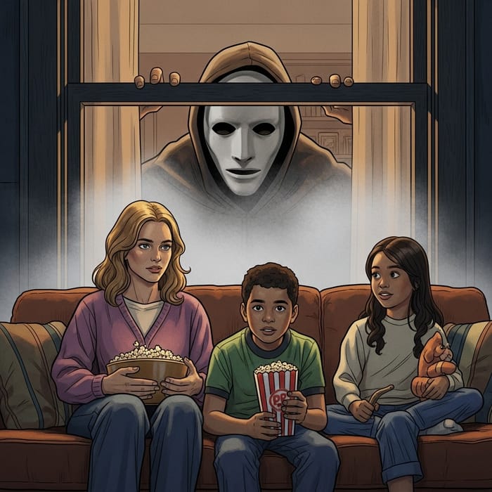 Eerie Michael Myers in White Mask Peering Through Foggy Window