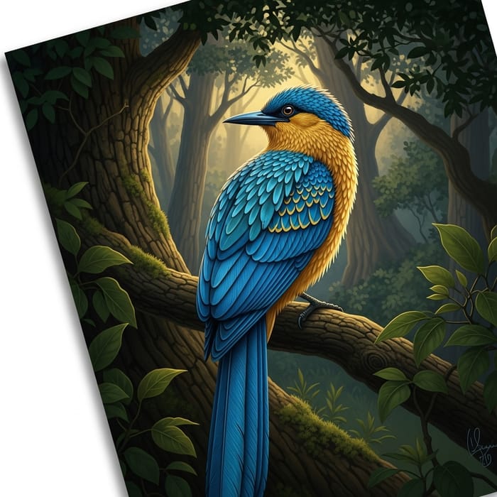 Azure & Gold Bird: Majestic in Tranquil Forest Azure & Gold Bird: Majestic in Tranquil Forest
