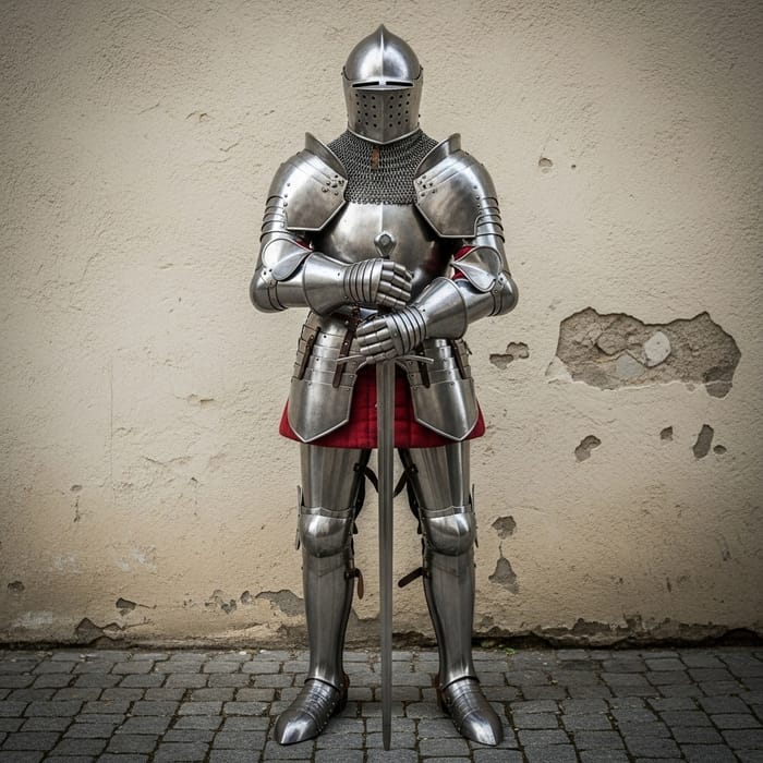 Medieval Knight Holding Two-Handed Sword by Wall Medieval Knight Holding Two-Handed Sword by Wall