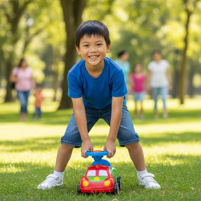 Cheerful Asian Boy Playing with Toy Car in Park Cheerful Asian Boy Playing with Toy Car in Park