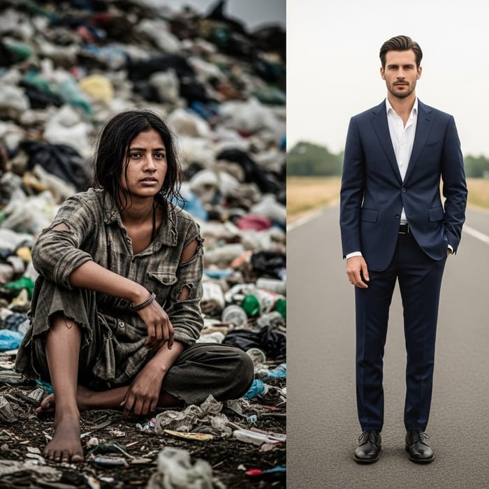 Young Woman Amid Garbage: Contrasts of Beauty and Reality Young Woman Amid Garbage: Contrasts of Beauty and Reality