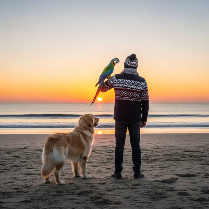 Serene Coastal Portrait with a Person, Dog, and Bird Serene Coastal Portrait with a Person, Dog, and Bird