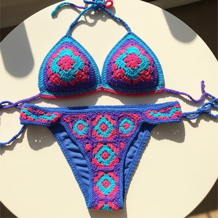 Stylish Crochet Bikini with Floral and Geometric Designs Stylish Crochet Bikini with Floral and Geometric Designs
