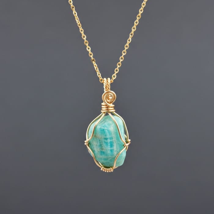 Gold Plated Amazonite Crystal Wire Wrap Necklace - Handcrafted Jewelry Gold Plated Amazonite Crystal Wire Wrap Necklace - Handcrafted Jewelry