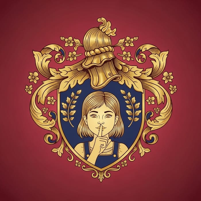 Ornate Gold Heart Coat of Arms | Regal Emblem with Playful Girl