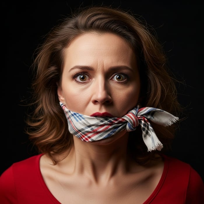 Intense Drama: Gagged Woman in Red Top