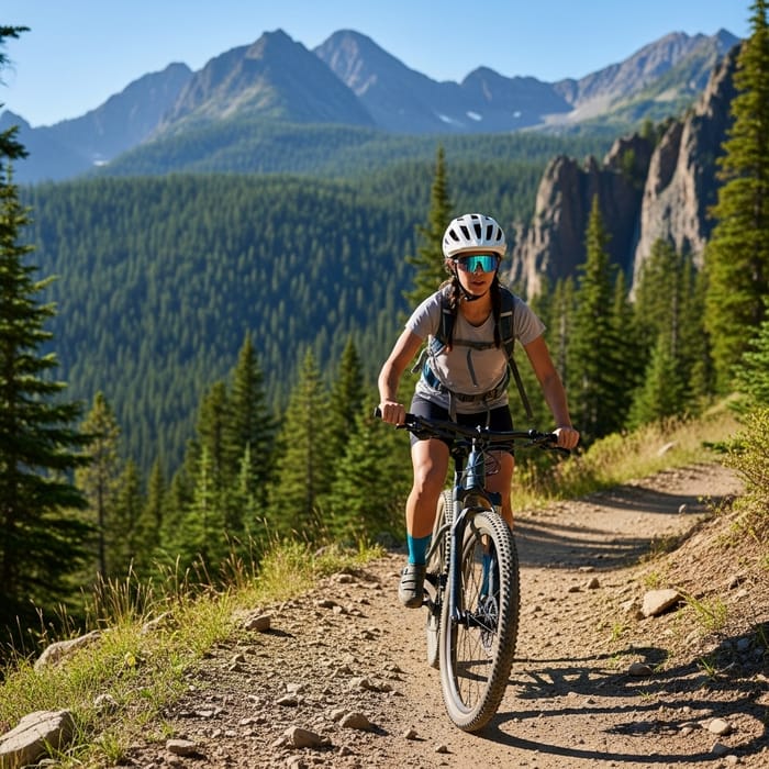 Hispanic Woman Cycling with White Helmet in Mountain Landscape Hispanic Woman Cycling with White Helmet in Mountain Landscape