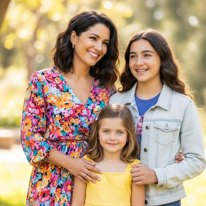 Smiling Multicultural Mother with Daughters | Genuine Family Bond Smiling Multicultural Mother with Daughters | Genuine Family Bond