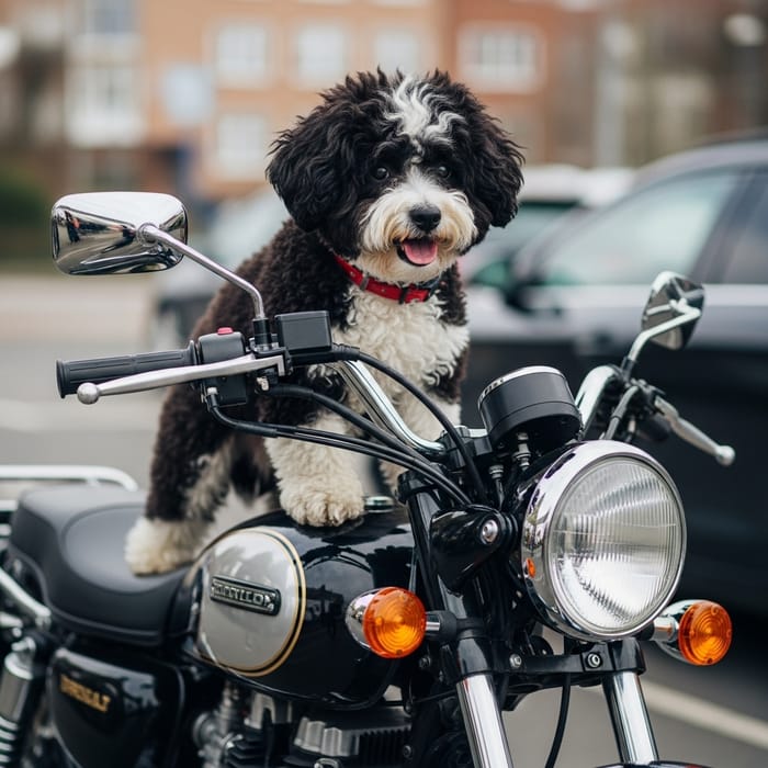 Black and White Bichon Frise on Harley Motorcycle Black and White Bichon Frise on Harley Motorcycle